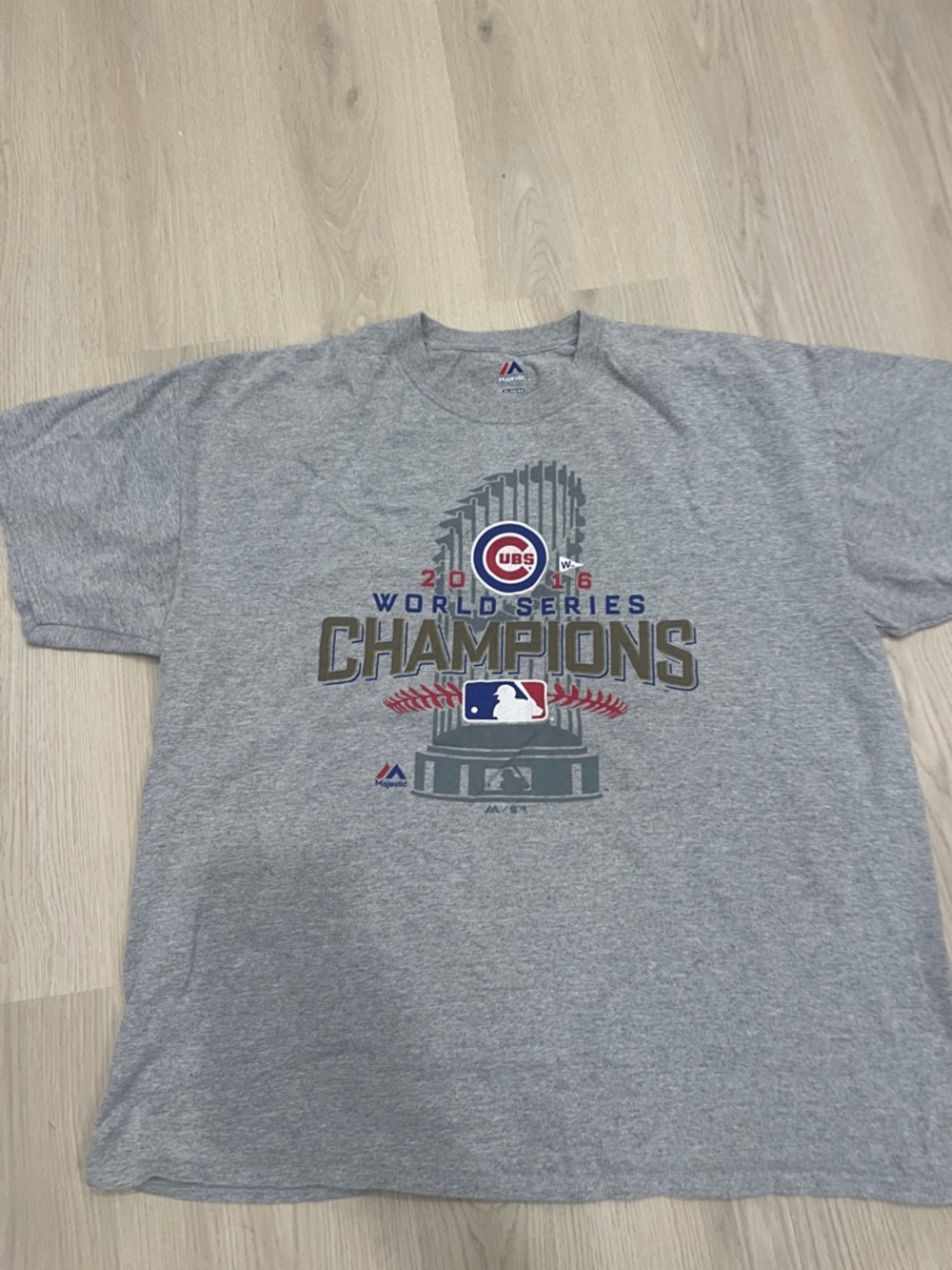 Majestic Gray Chicago Cubs World Series Champions Tee with Blue & Red Accents